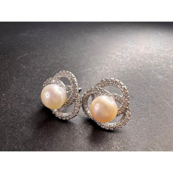 Cultured pearl swirl stud earrings in sterling silver with cz accents - Picture 2 of 14